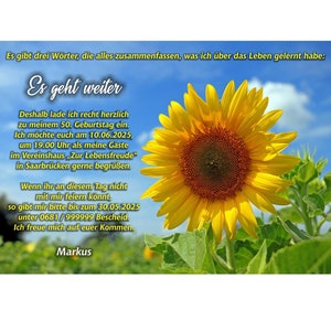 Einladungskarte, Geburtstag, Sonnenblume, fröhlich, 40, 50, 60, 70, 80 jedes Alter, originell, einzigartig, Feier, 55, 65, 75, 85