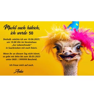 Einladungskarte, Geburtstag, lustig, Strauß, Haare, 40, 50, 60, 70, 80 jedes Alter, originell, einzigartig, individueller Text, Feier, Party