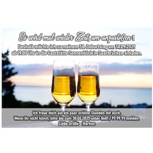 Einladungskarte, Geburtstag, Biergläser, anstoßen, 40, 50, 60, 70, 80 jedes Alter, originell, einzigartig, Feier, 55, 65, 75, 85,