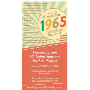 Einladungskarte, 60 Geburtstag, originell, 1965 einzigartig, Jahresereignisse, Einladung