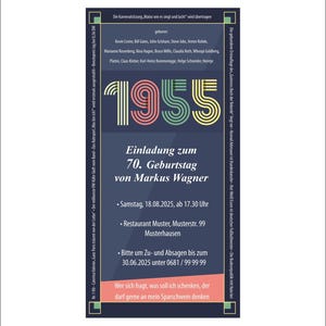 Einladungskarte, 70 Geburtstag, originell, 1955 einzigartig, Jahresereignisse, Einladung