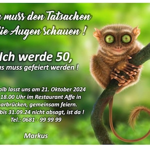Einladungskarte, Geburtstag, lustig, Affe, große Augen 40, 50, 60, 70, 80 jedes Alter, originell, einzigartig, Feier, 55, 65, 75, 85, schön