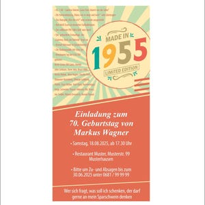 Einladungskarte, 70 Geburtstag, originell, 1955 einzigartig, Jahresereignisse, Einladung, vintage