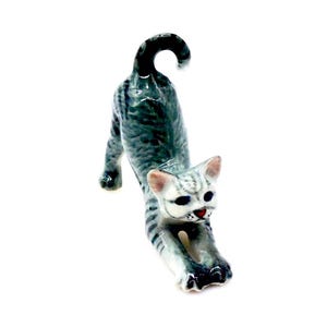 Miniature Ceramic Cat Kitty Stretching Animal Pet Little Grey White Figurine Small Statue Tiny Decoration Collectible Hand Painted Figure