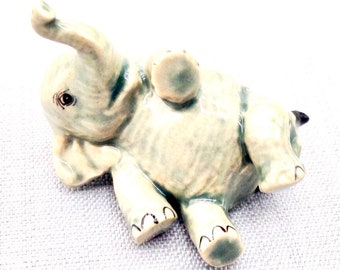 Miniature Ceramic Elephant Animal Laying Cute Little Grey Figurine Statue Small Figure Decoration Hand Painted Craft Display Collectible