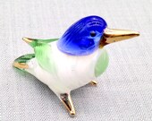 Hand Blown Glass Miniature Funny Kingfisher Bird Animal Blue Green White Figurine Statue Decoration Collectible Small Craft Hand Painted