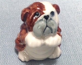 Miniature Ceramic Bulldog Sitting Dog Funny Cute Little Tiny Small Brown White Figurine Statue Decoration Collectible Hand Painted Figure