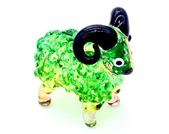 Hand Blown Glass Miniature Funny Ram Aries Sheep Animal Cute Green Brown Black Figurine Statue Decoration Collectible Small Craft Painted