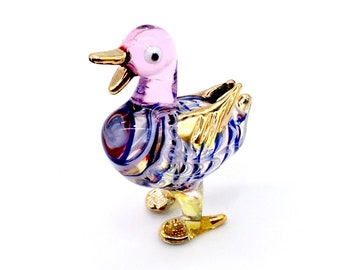 Hand Blown Glass Miniature Funny Duck Baby Bird Animal Cute Pink Blue Gold Figurine Statue Decoration Collectible Small Craft Hand Painted