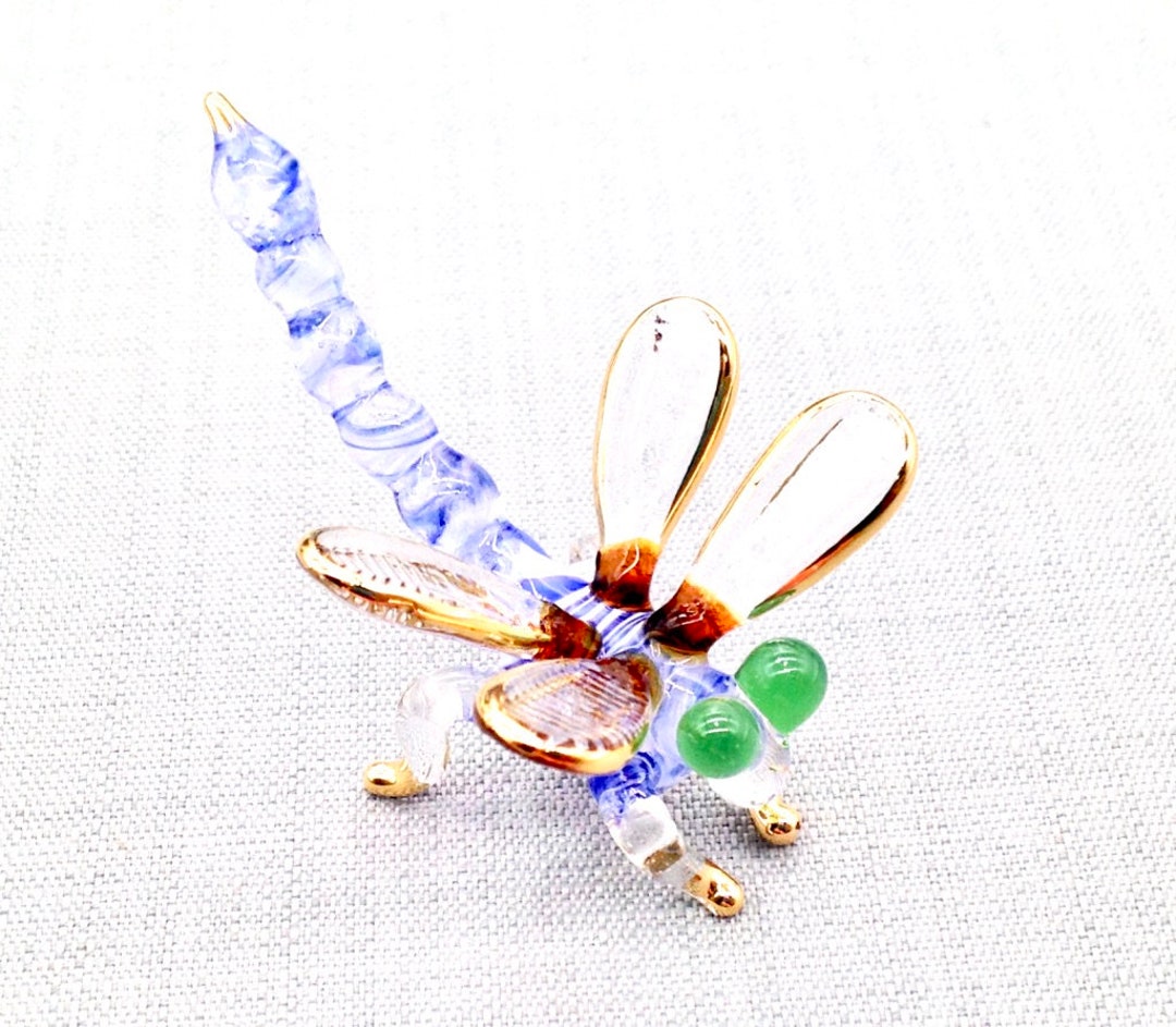 Miniature Hand Blown Glass Dragonfly Insect Animal Blue White Green