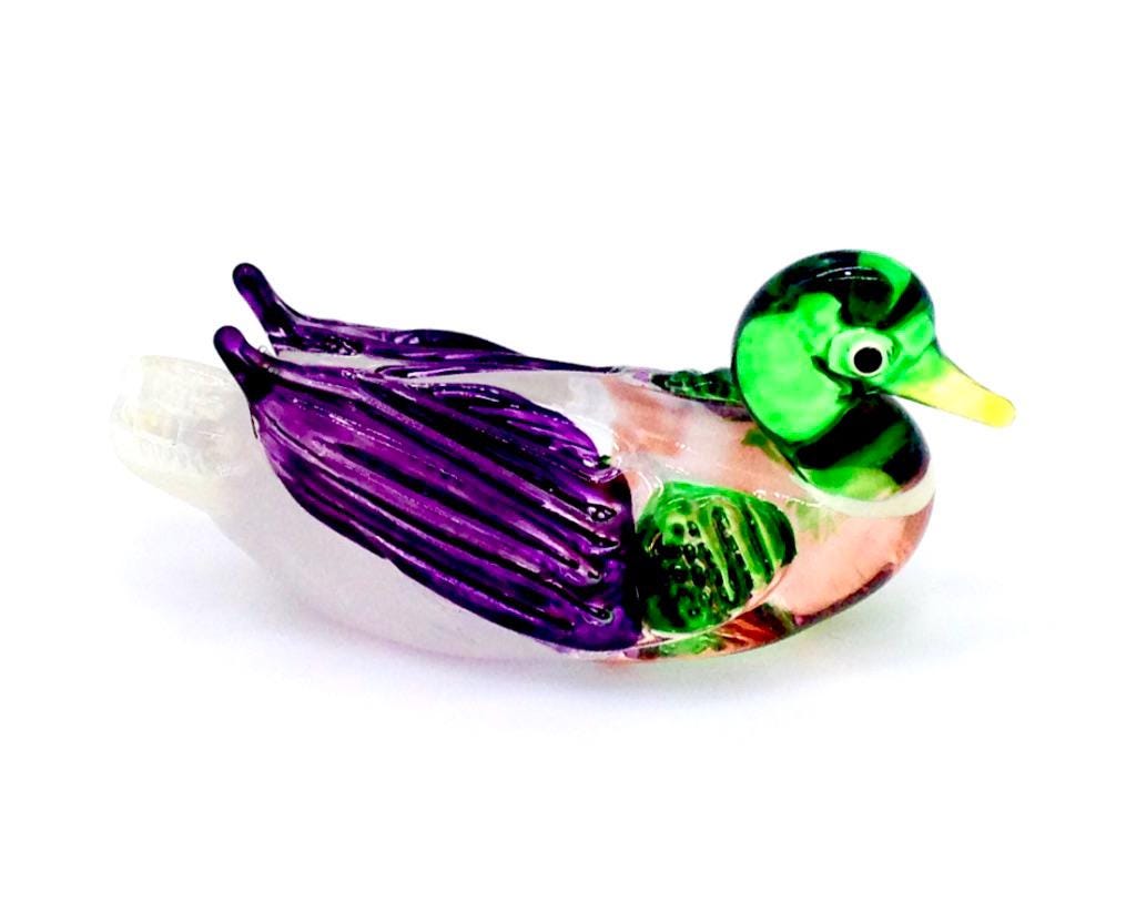 Hand Blown Miniature Glass Duck Bird Animal Purple Green Brown