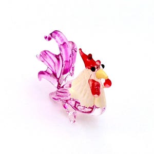 Hand Blown Glass Miniature Rooster Hen Chicken Little Animal Pink White Figurine Tiny Statue Decoration Collectible Small Painted Figure