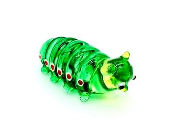 Miniature Hand Blown Glass Funny Caterpillar Worm Animal Cute Green White Figurine Statue Decoration Collectible Small Craft Hand Painted