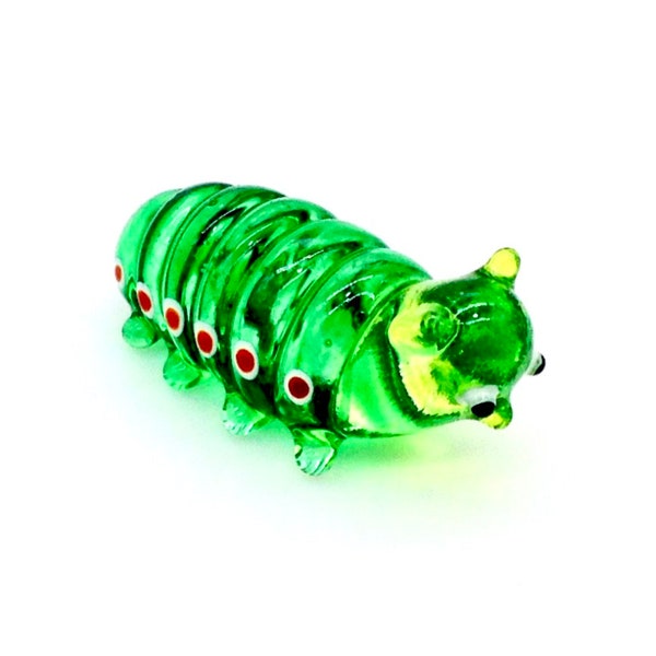 Miniature Hand Blown Glass Funny Caterpillar Worm Animal Cute Green White Figurine Statue Decoration Collectible Small Craft Hand Painted