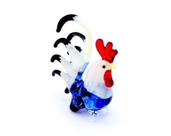 Hand Blown Glass Miniature Rooster Hen Chicken Animal Cute Blue White Red Figurine Statue Decoration Collectible Small Craft Hand Painted