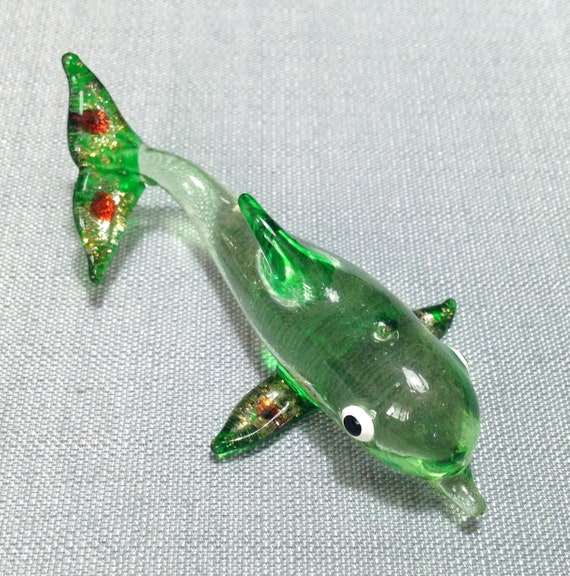 New 7/" Hand Blown Art Glass Dolphin Fish Figurine Sculpture Statue Green
