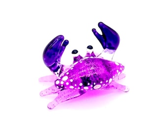 Hand Blown Glass Miniature Funny Crab Baby Sea Animal Cute Purple White Figurine Tiny Statue Decoration Collectible Small Craft Painted Deco