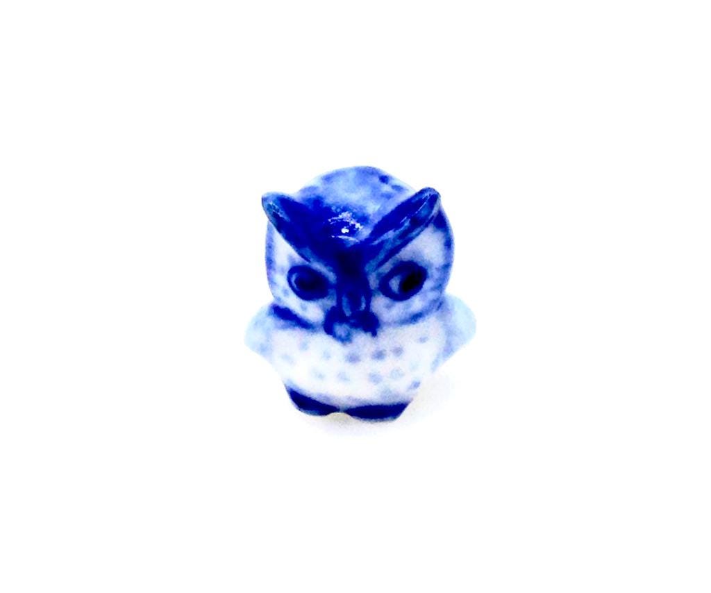 Miniature Ceramic Owl Bird Mini Baby Night Animal Cute Little Blue White Figurine Tiny Statue Small 