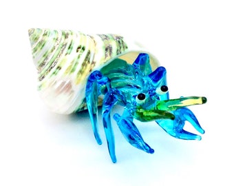 Hand Blown Glass Miniature Hermit Crab Shellfish Animal Blue White Green Shell Figurine Statue Decoration Collectible Small Craft Hand Made
