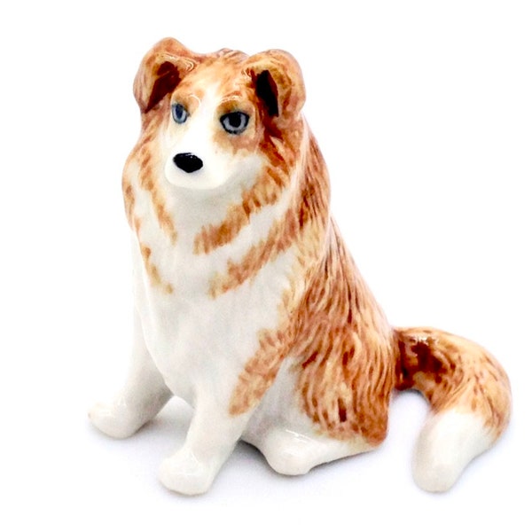 Miniature Ceramic Border Collie Dog Sitting Animal Funny Cute Little White Brown Figurine Small Statue Tiny Decoration Collectible Figure