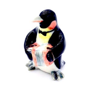 Miniature Ceramic Penguin Playing Music Accordion Animal Tiny Black White Figurine Statue Little Decoration Craft Collectible Painted Figure