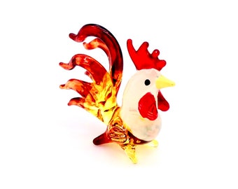 Miniature Hand Blown Glass Rooster Hen Chicken Animal Brown Orange White Red Figurine Statue Decoration Collectible Small Craft Painted Bird