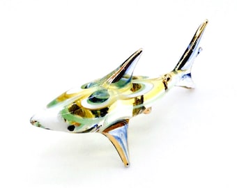 Shark Miniature Glass Sea Fish Little Animal Green Yellow Blue Figurine Hand Blown Small Statue Tiny Decoration Collectible Craft Figure