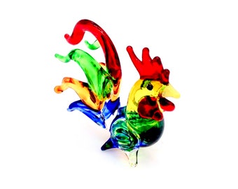 Hand Blown Glass Miniature Rooster Hen Chicken Animal Cute Yellow Green Blue Red Figurine Statue Decoration Collectible Craft Hand Painted