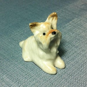Miniature Ceramic Bichon Maltese Dog Laying Animal Cute Little White Figurine Small Statue Tiny Decoration Collectible Hand Painted Figure