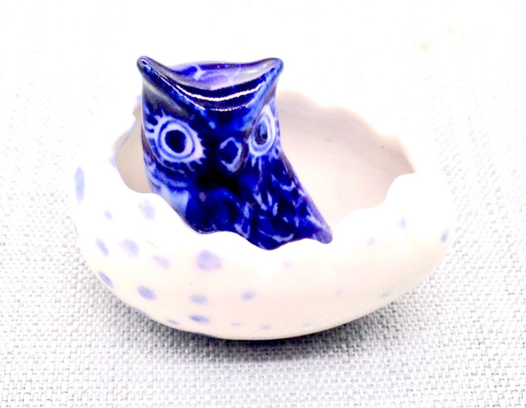 Miniature Ceramic Owl Bird in Egg Animal Cute Little Blue White