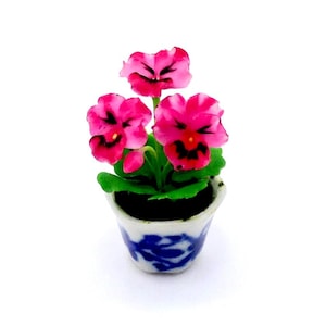 Miniature Dollhouse Artificial Flower Plant Pansy Viola Pink Green Clay Polymer Fimo Garden Flowers Hand Made Supplies Tiny Ceramic Pot 1/12