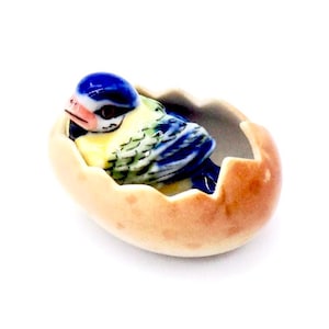 Może przedstawiać: Ceramiczna figurka niebiesko-żółtego ptaka wykluwającego się z jasnobrązowej skorupki jajka. Ptak ma niebieską głowę, żółtą pierś i niebiesko-zielone skrzydła. Skorupka jajka jest w jasnobrązowym kolorze.