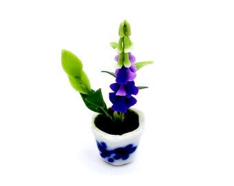 Fleur plante artificielle digitale pourpre vert maison de poupée miniature en argile polymère Fimo fleurs de jardin fait main Pot en céramique décor 1/12