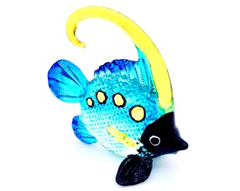 Hand Blown Glass Miniature Exotic Fish Sea Animal Blue Yellow Black Figurine Statue Tiny Decoration Collectible Small Craft Hand Painted
