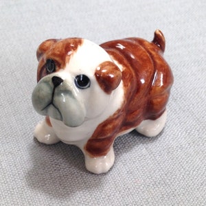 Beautiful Oriental Cute Ceramic Bull Dog Figurine Cute Brown White Color 6.5"