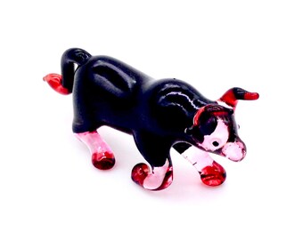 Hand Blown Glass Miniature Funny Bull Cow Farm Animal Cute Black Brown Figurine Tiny Statue Small Decoration Collectible Craft Painted Deco