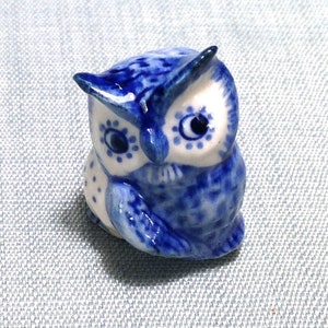 Miniature Ceramic Owl Bird Animal Cute Little Funny White Blue Figurine Small Statue Tiny Decoration Hand Painted Craft Collectible Figure