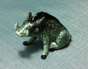 Miniature Ceramic Wild Boar Razorback Animal Cute Little Tiny Small Grey Black Figurine Statue Decoration Hand Painted Collectible Craft
