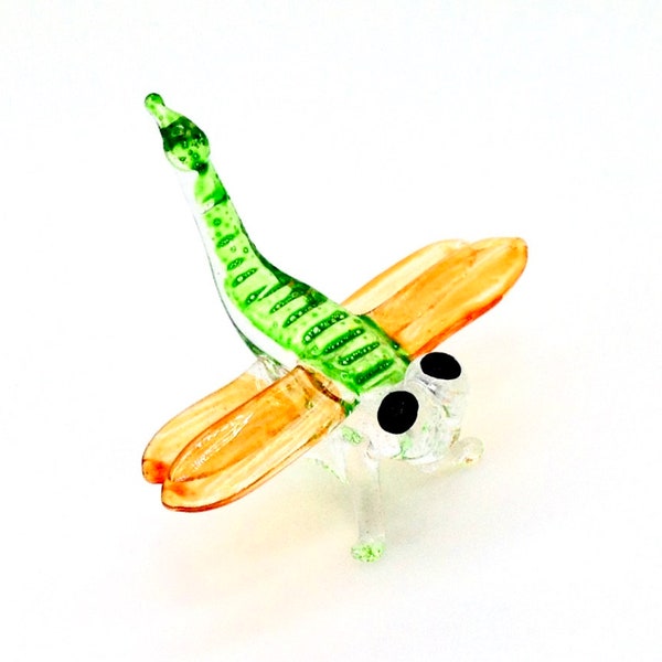 Miniature Hand Blown Glass Funny Dragonfly Insect Animal Cute Green Orange Figurine Statue Decoration Collectible Small Craft Painted Deco