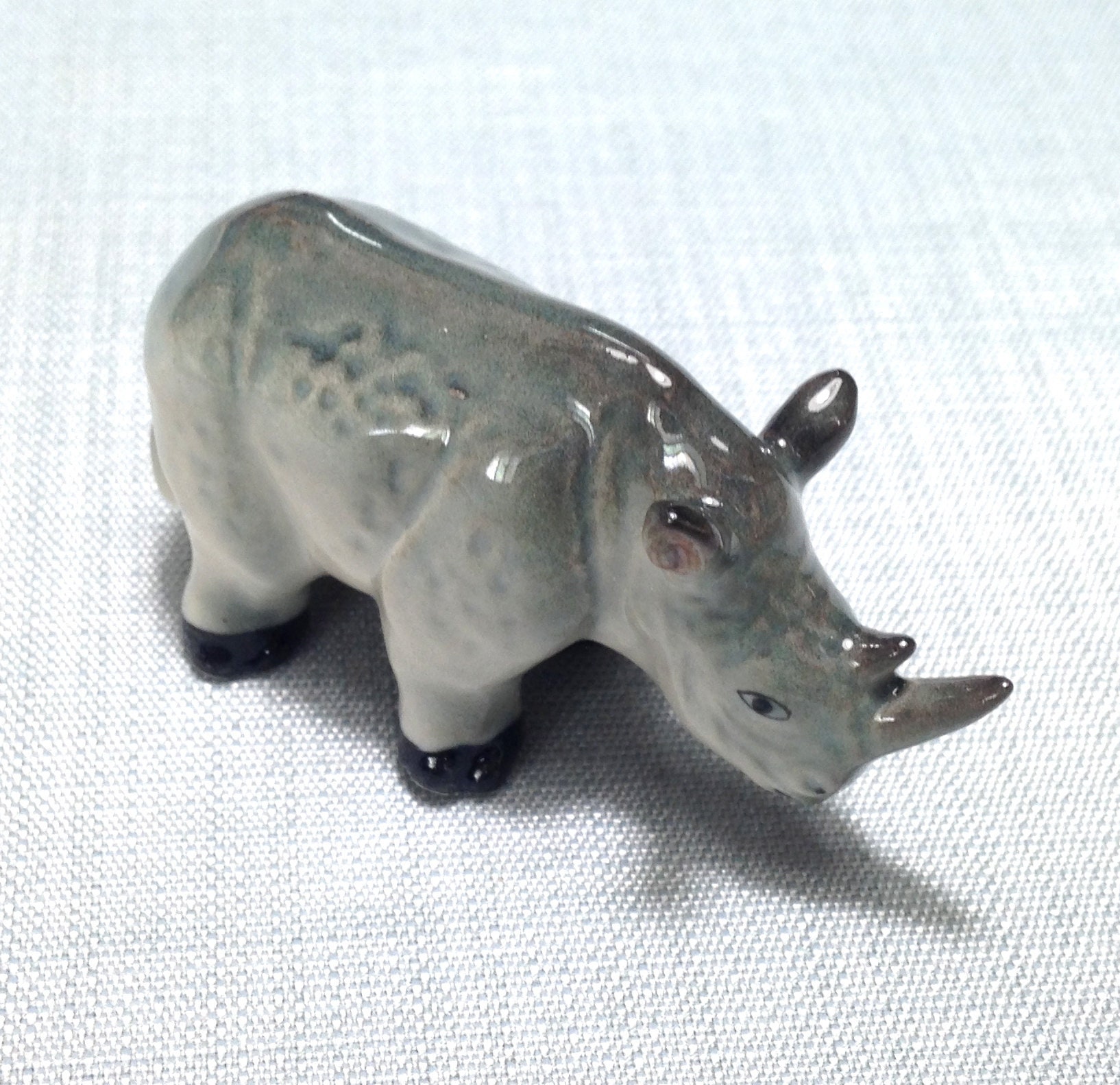 Miniature Ceramic Rhinoceros Rhino Animal Cute Little Tiny Small Grey  Figurine Statue Decoration Hand Painted Collectible Craft Figure Deco 