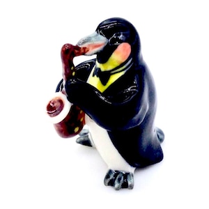 Miniature Ceramic Penguin Playing Music Saxophone Tiny Animal Bird White Black Figurine Little Statue Decoration Collectible Painted Figure