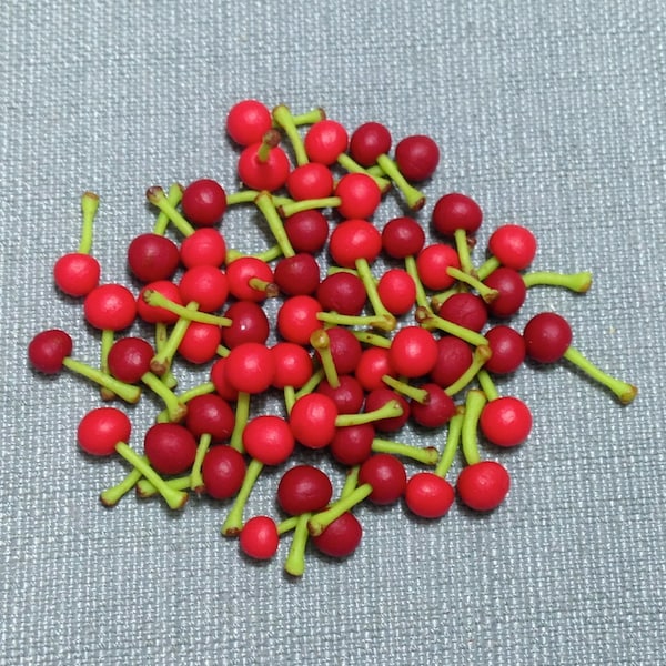 20 Miniature Dollhouse Cherry Fruit Clay Polymer Small Fruits Supplies Cute Little Cherries Red Green Hand Made Food Jewelry Decor Deco 1/12