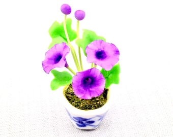 Miniature Dollhouse Artificial Flower Plant Morning Glory Purple Clay Polymer Garden Flowers Hand Made Supplies Cute Ceramic Pot Decor 1/12