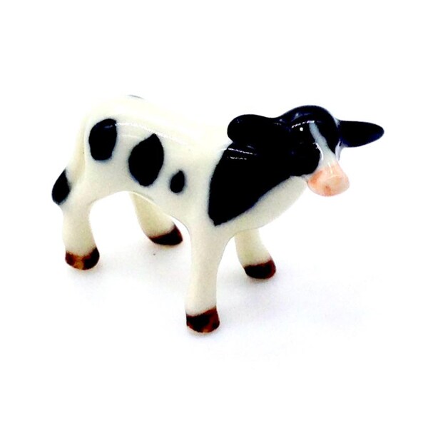 Miniature Ceramic Calf Baby Cow Animal Cute Little Black White Brown Figurine Tiny Statue Small Decoration Hand Painted Collectible Figure