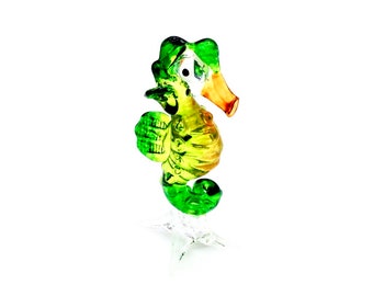 Hand Blown Glass Miniature Seahorse Sea Animal Cute Green Yellow Orange Figurine Tiny Statue Small Decoration Collectible Craft Hand Painted