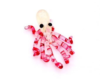 Hand Blown Glass Miniature Funny Baby Octopus Sea Animal Cute Red White Figurine Tiny Statue Decoration Collectible Small Craft Painted Deco