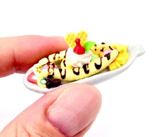 Miniature Dollhouse Banana Split Ice Cream Plate Clay Polymer Food