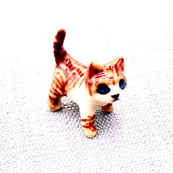 Miniature Ceramic Cat Kitty Baby Mini Animal Cute Little White Brown Figurine Tiny Statue Small Decoration Craft Collectible Hand Painted