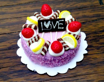 Miniature Dollhouse Birthday Valentine Love Marriage Cake Clay Polymer Food Supply Pink Fruits Fruit Cute Tiny Small Paper Deco Jewelry 1/12