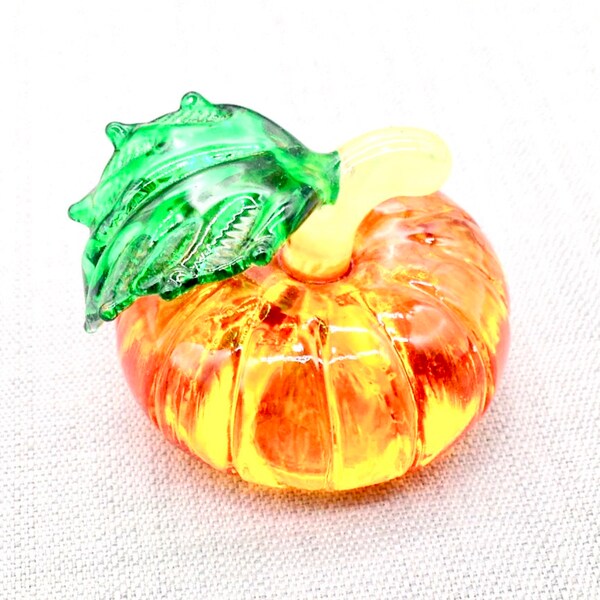 Hand Blown Glass Miniature Pumpkin Cute Orange Green Fruit Leaf Figurine Small Statue Tiny Decoration Collectible Craft Halloween Figure